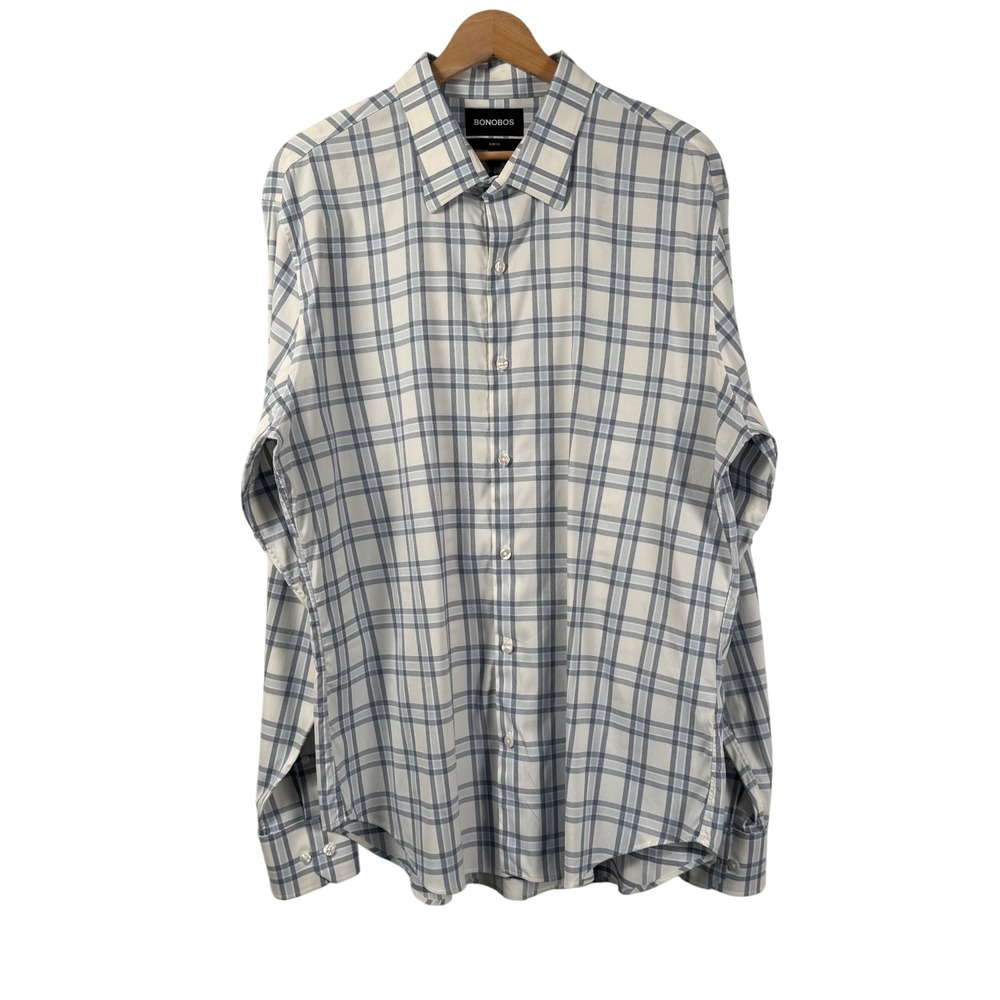 BONOBOS Tech Button Down Shirt Slim‎ Fit Long Sleeve Windowpane Plaid Mens XL